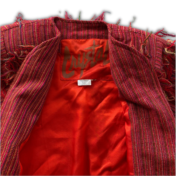 Vintage Crystal Handwoven Women's 2pc Skirt Blazer Set Red Multi Yarn Fringe - Picture 6 of 9